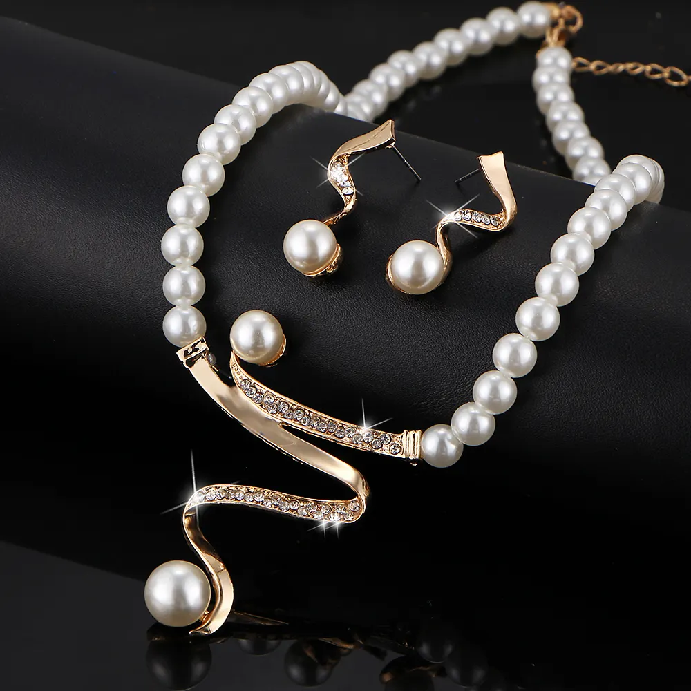 Vintage Simulated Pearl Jewelry Sets For Women Wedding Bridal Crystal Necklace Earrings Gold Color African Bridal Jewelry Set