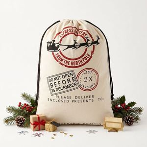 Sac cadeau de Noël en coton avec cordon de serrage, imprimé Père Noël et rennes, réutilisable, pour fêtes de fin d'année, pour enfants et adultes - Product Image 1