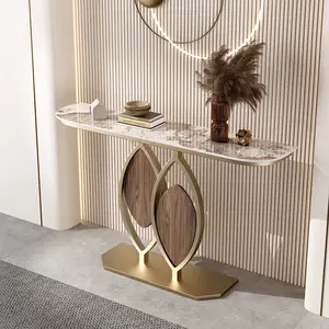 Modern Simple Rock Slab Top 100/120/150cm Luxury Metal Leaf Shape Entryway Table Base Custom Console Table for Living Room