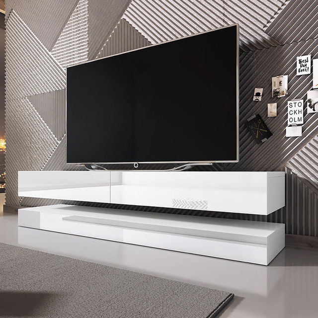 High Gloss White Wholesale Floating Blue Led Light Wooden Tempered Glass Tv Stand With showcase Tv Cabinet Stand