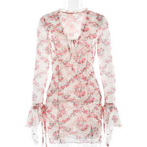 Vestido de manga larga con cuello en V profundo y estampado floral para mujer, corto, ajustado, transpirable, para ocio - Product Image 5