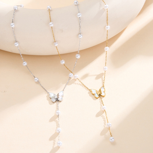 Collier délicat STPN06 en forme de papillon <span class=keywords><strong>avec</strong></span> perles, en acier inoxydable doré, <span class=keywords><strong>avec</strong></span> perles de coquillage, design élégant en forme de Y, moderne pour femmes - Product Image 3