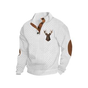 Suéter de hombre con estampado navideño de ciervos, cuello alto, manga larga, ajuste holgado, tejido jacquard, casual, blanco con detalles marrones - Product Image 1