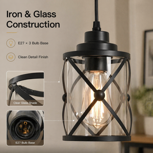 Luminaire suspendu moderne en verre avec cadre en fer noir E27, trois ampoules, pour salle à manger, maison, restaurant, plafond - Product Image 3
