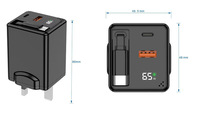 Chargeur au Nitrure de Gallium avec Câble Rétractable et Affichage Numérique PD65W, Adaptateur de Charge Rapide Multi-Ports PD65W EU/UK