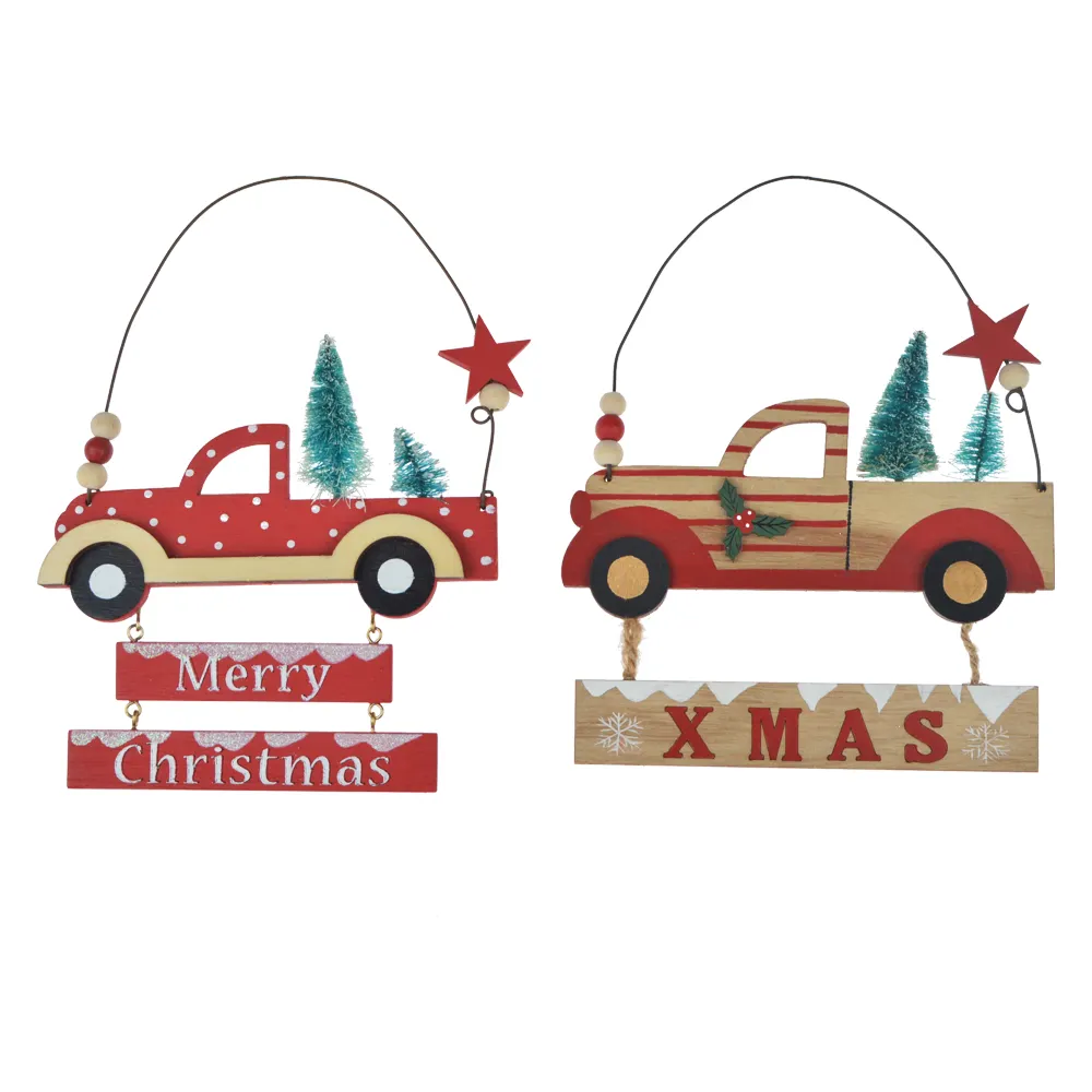 Merry Christmas board wooden car decoration with mini tree painted truck decor pendant home wall hanging holiday gift XMAS