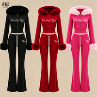 Winter 2-delige set dameskleding fabrikanten op maat gemaakte trainingspak met bontkraag, ritsjack, hoodie, broek, lounge kleding voor dames
