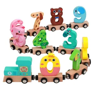 Hot Sale Educational magnetic toys 11-section Magnetic kids digital toy car Assembled Color Wooden Small Train Building Blocks