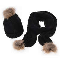 Ensemble de 2 pièces en tricot de cachemire et laine mélangée avec pompon en fourrure, bonnets et écharpes d'hiver pour femmes et filles, ensembles écharpe, bonnet et gants
