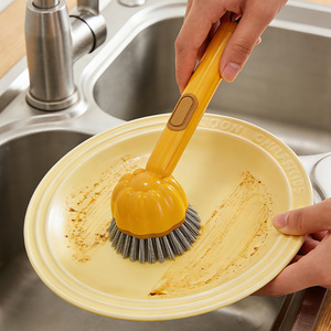 Brosse à vaisselle à long manche en fil d'acier jaune, outil de nettoyage multifonctionnel - Product Image 1
