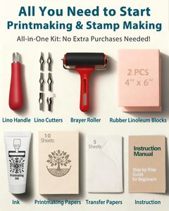 Kit d'outils de linogravure, blocs de gravure, fournitures de sérigraphie, blocs en caoutchouc, rouleau à encre, couteaux à linoléum, papiers calques - Product Image 2