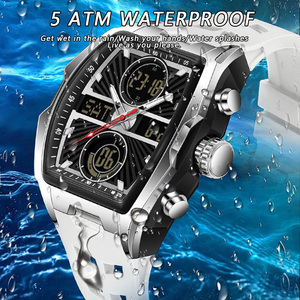 SANDA 6299 Montre pour homme en forme de tonneau à double affichage, plusieurs fuseaux horaires, alarme, montre-bracelet électronique multifonctionnelle étanche - Product Image 4