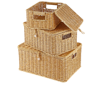 Panier de rangement en plastique tressé rectangulaire multi-usages, écologique, fait main, 3 pièces, avec couvercle et poignée, décoration d'intérieur, style nordique