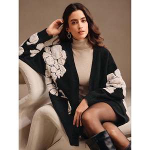 Cárdigan de Punto para Mujer, Color Negro, con Estampado Floral Jacquard, Manga Larga, Corte Holgado, para Otoño - Product Image 5