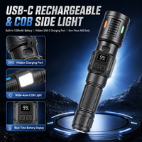 Linterna Táctica de Largo Alcance, Recargable por USB C, 200m, Enfoque Ajustable, Luz Lateral, Luz de Advertencia Roja y Azul, Luz de Inspección Nocturna