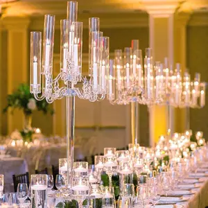 Vendita calda 9 braccia trasparente cristallo votivo candelabri di vetro centrotavola di nozze per la tavola di nozze