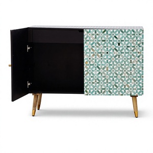 Mini-meuble de salon moderne fait main avec incrustations en os, hauteur réglable, motif géométrique en carreaux, porte à panneau surélevé, tiroirs de rangement - Product Image 1