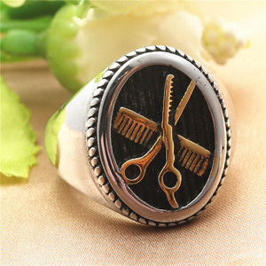 Men's Retro <b>Silver</b> <b>Ring</b> With Gold Scissors And Comb Design For Fashion Jewelry Gift - Product Image 1