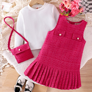 Conjunto de Ropa para Niñas Pequeñas de 2 a 7 Años, Camiseta de Cuello Redondo, Vestidos sin Mangas Color Rojo Rosa, Bolso, Ropa de Invierno para Niños Pequeños - Product Image 2