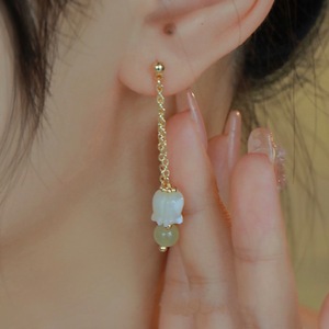 Natural Hetian Jade Drop Earrings Bell Shape Chain White Mother Of Pearl Lily Of The Valley Stud Earrings For Autumn Winter - Product Image 2