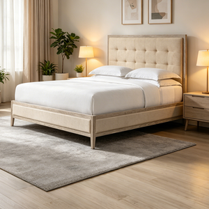 Lit en bois moderne avec tête de lit capitonnée à la main, style français contemporain, avec panneaux en bois et capitonnage en tissu, pour les détaillants de meubles - Product Image 1