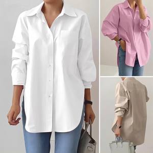 Blusa Elegante de Manga Larga para <span class=keywords><strong>Mujer</strong></span>, Novedad de Primavera 2024, Cuello Polo, Color Sólido a la Moda, Dobladillo con Abertura, Tallas <span class=keywords><strong>Grandes</strong></span>, Venta al por Mayor para Boutique - Product Image 3