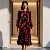 Robe midi élégante pour femme en velours coréen, manches longues lanternes en maille, imprimé floral, ourlet à volants, robe de soirée formelle Sehe Fashion