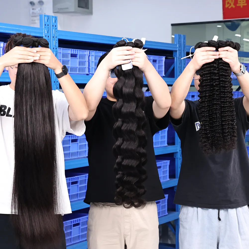 Pemasok produk rambut Vietnam mentah kutikula mentah, rambut ditarik Super ganda lurus tulang Vietnam, tanpa pakan jumlah besar rambut manusia