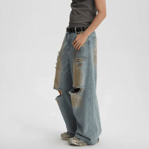 กางเกงยีนส์ขาดๆ ทรงหลวม สไตล์สตรีทแวร์ ฮิปฮอป วินเทจ ไซส์ใหญ่ รุ่นใหม่มาแรง ขายดี - Product Image 2