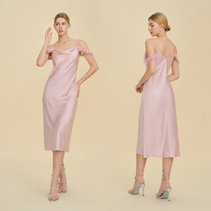 Abito da <span class=keywords><strong>Notte</strong></span> con Rifiniture in Piume Effetto Raso, Vestito a Sottoveste con Spalle Scoperte per la <span class=keywords><strong>Notte</strong></span> di Nozze - Product Image 4