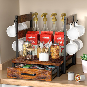 Wood And Iron Coffee Storage <b>Rack</b> 3 Tier With Drawer Cup Hanger Desktop Organizer Retro Brown Standing Type - Product Image 1