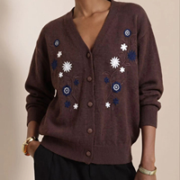 Cardigan en tricot marron brodé floral pour femme, col en V, boutonnage frontal, manches longues, coupe décontractée, pull tricoté pour femme, vêtement d'extérieur
