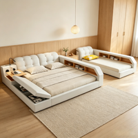 Smart-Bett King Size Gestell mit TV, Modernes Doppel-Lederbett Queen Size, Projektor Tisch Schlafzimmermöbel, Polster Smart-Bett
