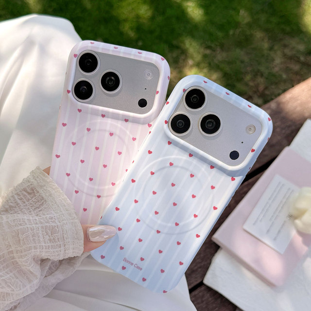 Kawaii Korean Style Heart Striped Magnetic Phone Case for iPhone 18 Pro 17 Pro Max 16 15 Lovely Soft Back Cover