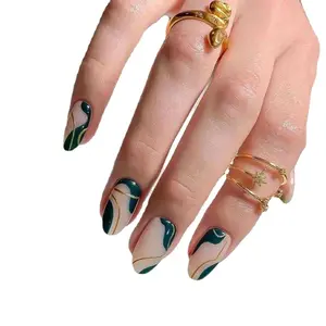 流行设计多色波浪线假指甲中等尺寸全盖手工制作高品质设计师压在指甲上