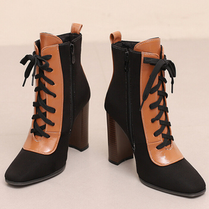 Women's Large Size 50 Lace up Ankle Ladies Wood Print High Chunky <b>Heels</b> Shoes Wide Fit Patchwork Short Booties - Product Image 4