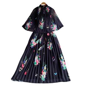 Robe cape imprimée à col montant, style ethnique, digne et élégante, pour femmes, jupe longue plissée - Product Image 2