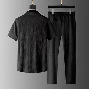 Ensemble de survêtement pour homme en deux pièces, couleur unie, col polo, bouton, taille élastique, <span class=keywords><strong>pantalon</strong></span> de survêtement, été, haut à manches courtes + <span class=keywords><strong>pantalon</strong></span> long - Product Image 3