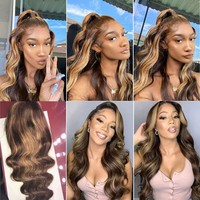 Perruque Lace Front Ondulée AYT WIGS avec Mèches Balayage Ombré, Racines Foncées et Mèches Blondes, Cheveux Humains avec Baby Hair
