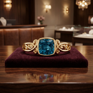 Anillo Vintage con Gema Azul Corte Cojín y Filigrana en Oro de 10K, 14K, 18K y Plata 925, 935 - Joyería Fina Inspirada en la Naturaleza - Product Image 1
