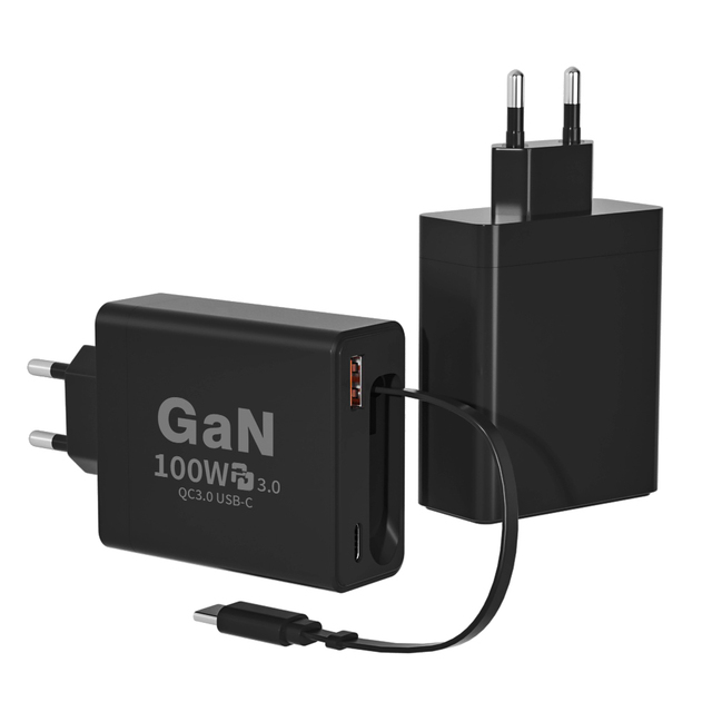 100W 1C1A Retractable GaN Charger Fast Travel Cell Phone Charging Adapter with 70CM USB-C Cable Travel Charger