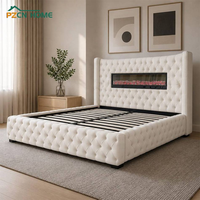 Lit en bois de luxe moderne avec rangement, cheminée intégrée, rembourré en velours, multifonctionnel, pour lit King ou Queen