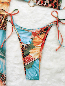Conjunto de bikini de 3 piezas para mujer con estampado floral tropical y de leopardo, top halter triangular, tanga y falda maxi de malla para playa, de secado rápido - Product Image 5