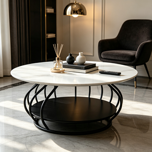 Table basse ronde moderne à 2 niveaux, plateau en pierre frittée veinée blanche, cadre en métal courbé noir, table centrale pour canapé de salon - Product Image 3