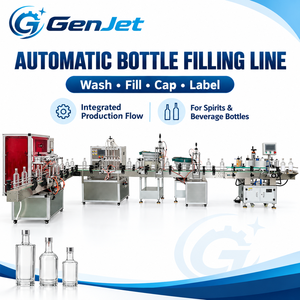 Ligne d'embouteillage automatique de spiritueux GenJet avec rinçage des bouteilles, remplissage par pompe à engrenages à <span class=keywords><strong>4</strong></span> têtes, bouchage et étiquetage des bouteilles rondes - Product Image 1