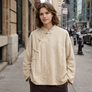 <span class=keywords><strong>Camicia</strong></span> Tradizionale Cinese Personalizzata da Donna in Misto <span class=keywords><strong>Lino</strong></span> e Cotone <span class=keywords><strong>Beige</strong></span> con Colletto alla Coreana, Abbottonatura Diagonale e Bottoni a Rana, Vestibilità Ampia - Product Image 1