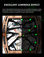Montre mécanique automatique tendance, boîtier tonneau, cuir, étanche, fond transparent, cadran squelette, jeune et élégante