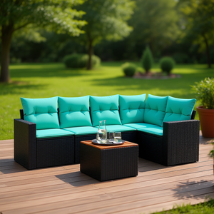 ชุดโซฟาหวายสังเคราะห์สีดำสำหรับลานบ้าน 6 ที่นั่ง เฟอร์นิเจอร์กลางแจ้งพร้อมเบาะรองนั่ง ดีไซน์ร่วมสมัยทันสมัย - Product Image 2