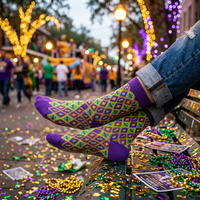 Chaussettes Mardi Gras pour Femme – Cadeau Idéal pour le Carnaval, les Défilés et les Fêtes – Chaussettes en Gros Motif Fleur de Lys et Masque – Accessoires de Fête pour les Fêtes Traditionnelles