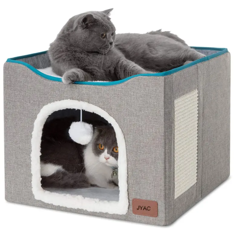 Cat Beds Cat House with Fluffy Ball Hanging and Scratch Pad Foldable Cat Bed